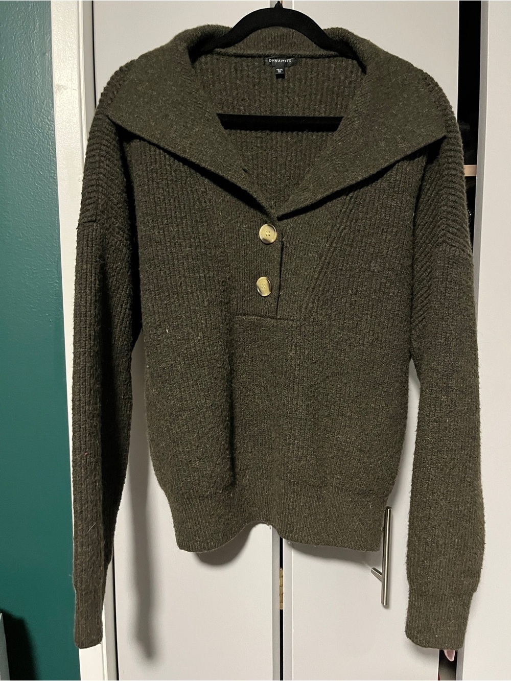 Dynamite Olive Green Cowl Neck Sweater with Button Placket